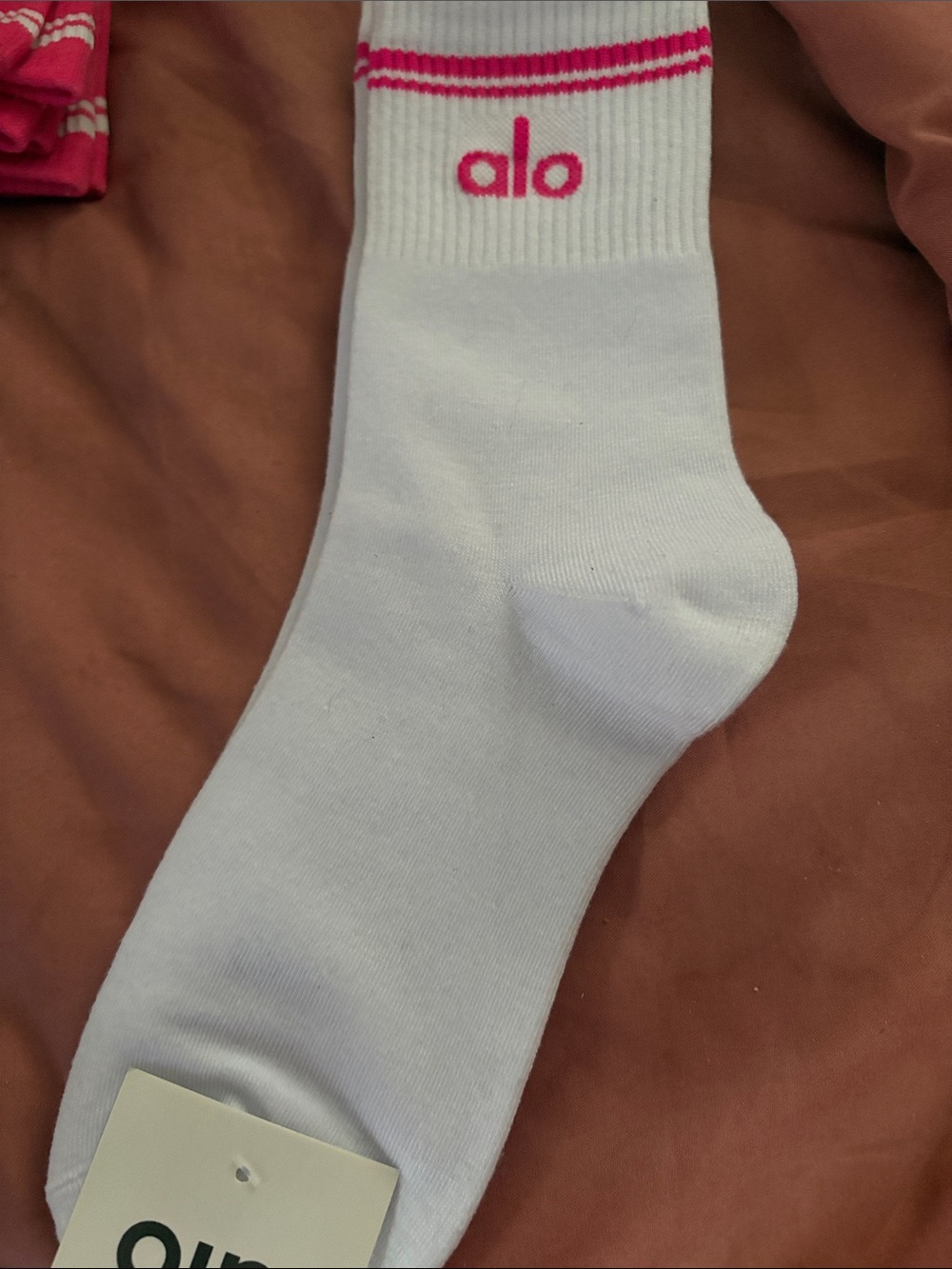 ALO Yoga White Crew Socks with Pink Logo & Trim